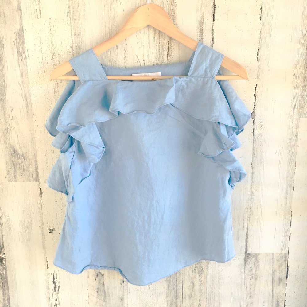 $180 Amanda Uprichard Claudette Linen Blouse Ruffled Tank Top Sleeveless Blue